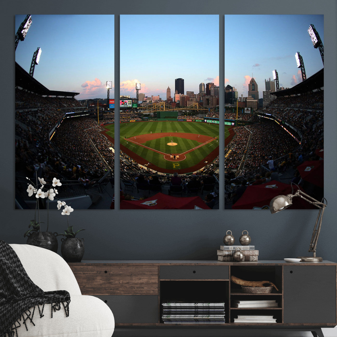 MGV-CV-48X32-3P - PNC Park Evening Game Triple Canvas Wall Art - Pittsburgh Pirates MLB Match - PNC Park Stadium Wall Art Canvas Print