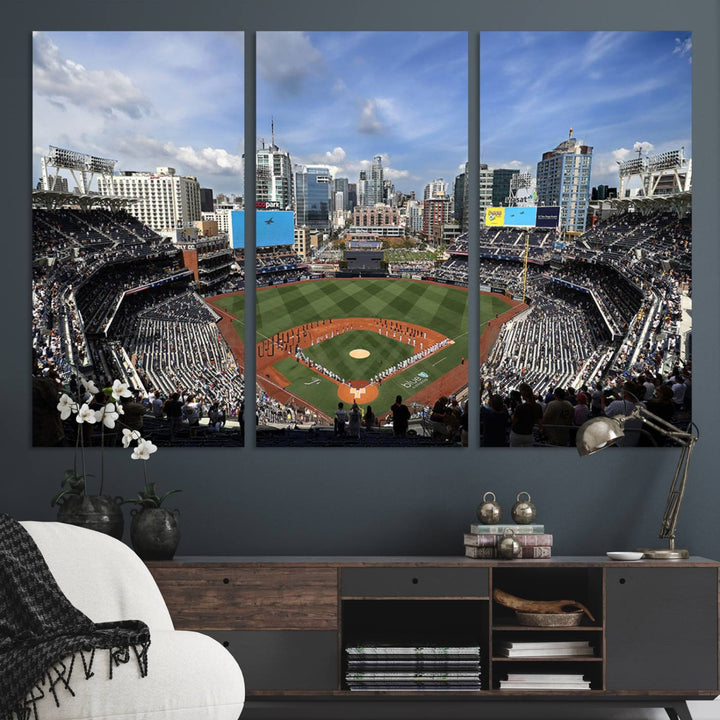 The San Diego Padres Baseball Canvas Print of Petco Park enhances the modern kitchen-dining area.