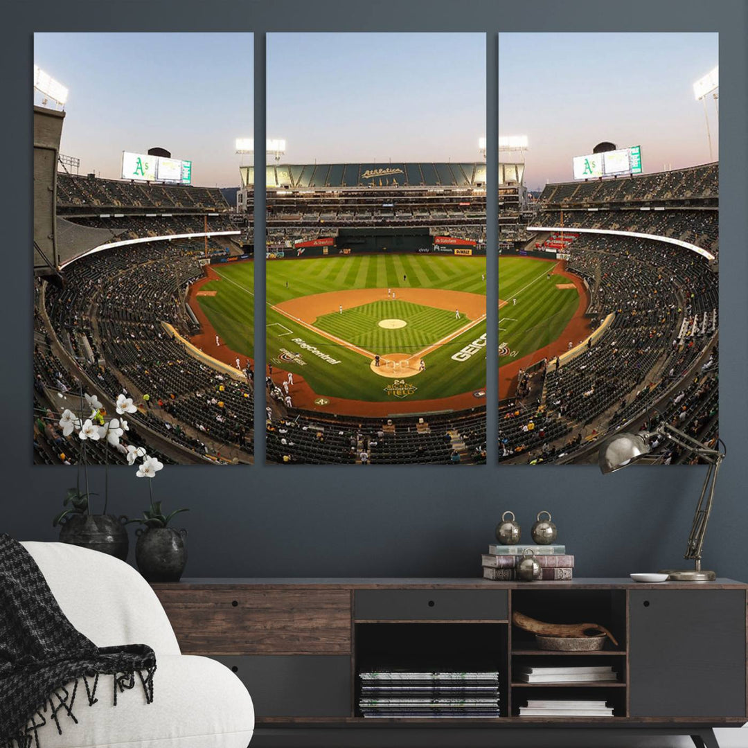 Oakland Athletics wall art canvas featuring the interior of RingCentral Coliseum Stadium.