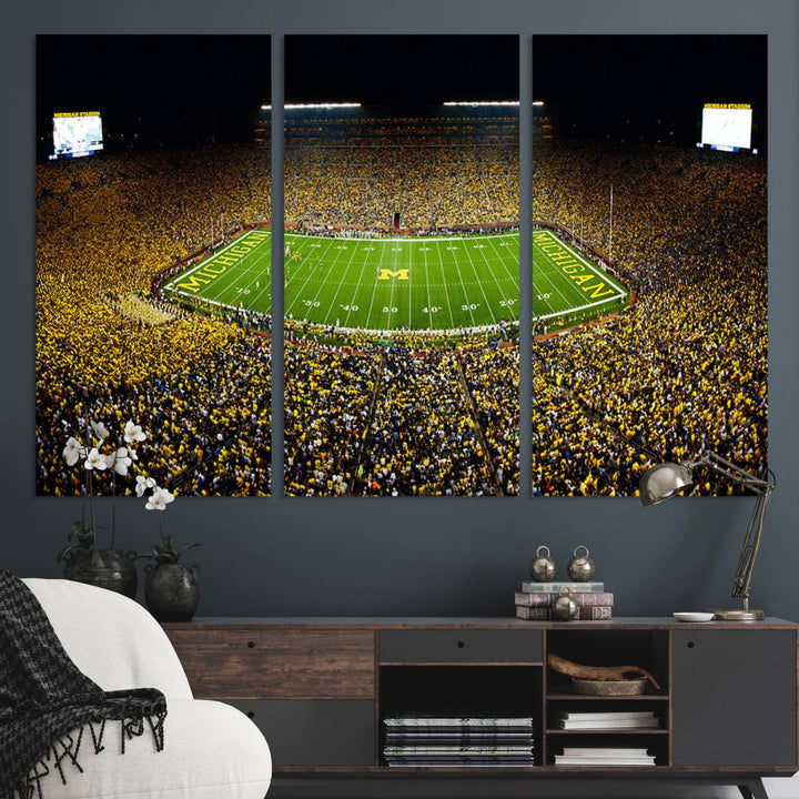 Aerial view of Michigan Stadium night game, ideal for Michigan Wolverines Football Team displayed on a triple canvas wall art.