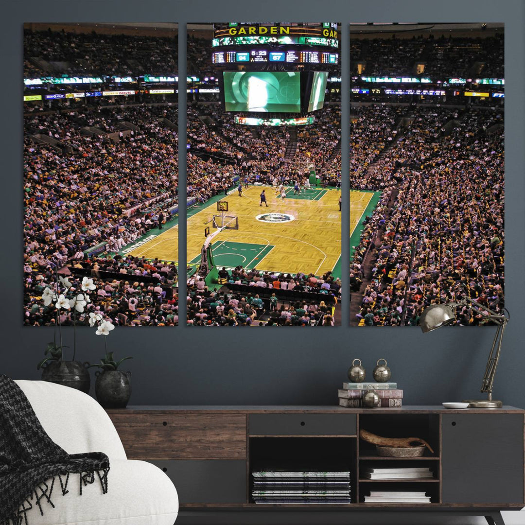 A vibrant depiction of a TD Garden basketball game is beautifully captured in the Boston Celtics Triple Canvas Wall Art, which comes framed and ready to hang.