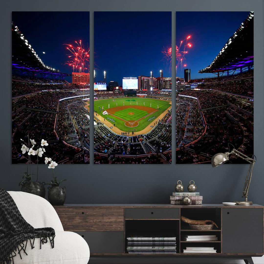 Truist Park wall art: fireworks over a Braves crowd, a large 3-panel canvas, framed and ready-to-hang.