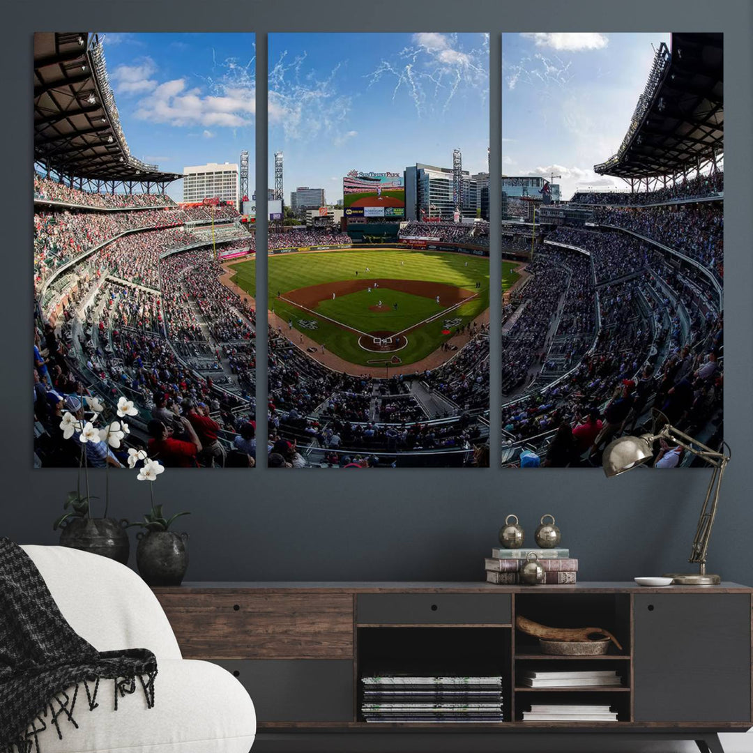 Truist Park Stadium Triple Canvas: Atlanta Braves Game Day Sky—Perfect Decor!.