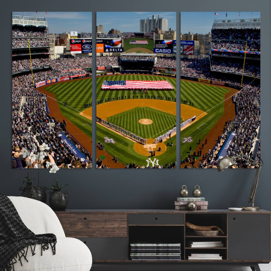 The Yankee Stadium New York wall art print features a vibrant scene of baseball fans with a large flag and players, expertly capturing the spirit of the game. This ready-to-hang décor is perfect for adding a dynamic touch to any space.