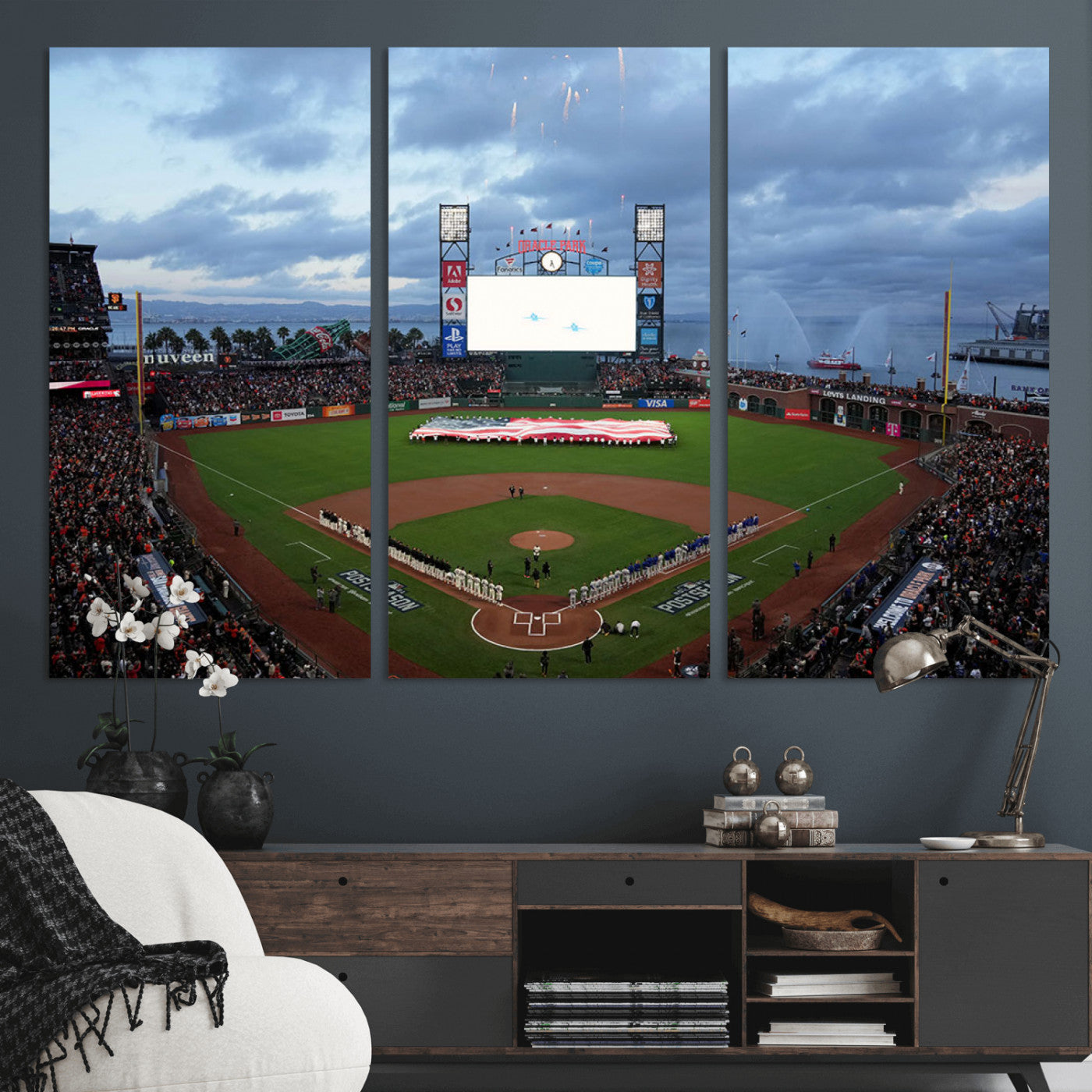 MGV-CV-48X32-3P - Oracle Park San Francisco Giants Wall Art | 3-Panel Canvas Print of Oracle Park Stadium | Large Framed Baseball Wall Decor | Ready-to-Hang MLB Canvas Print