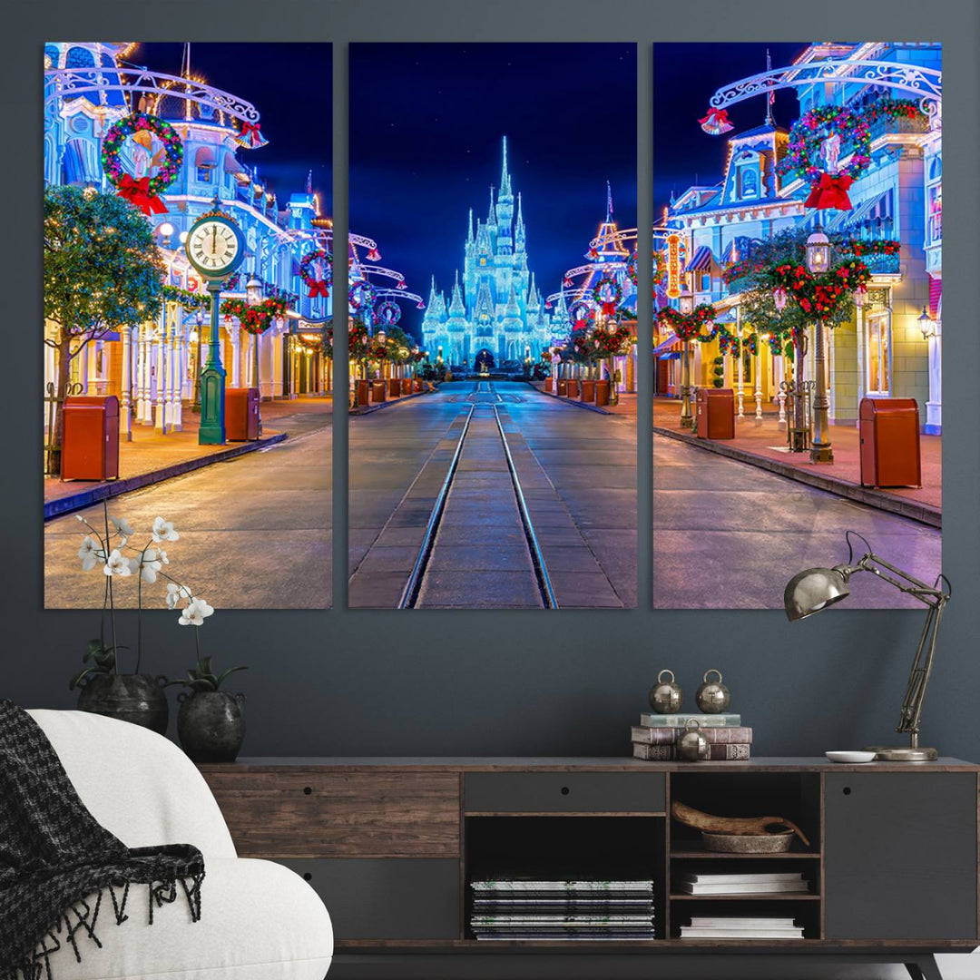 Disney wall art featuring a fantasy castle street at night.