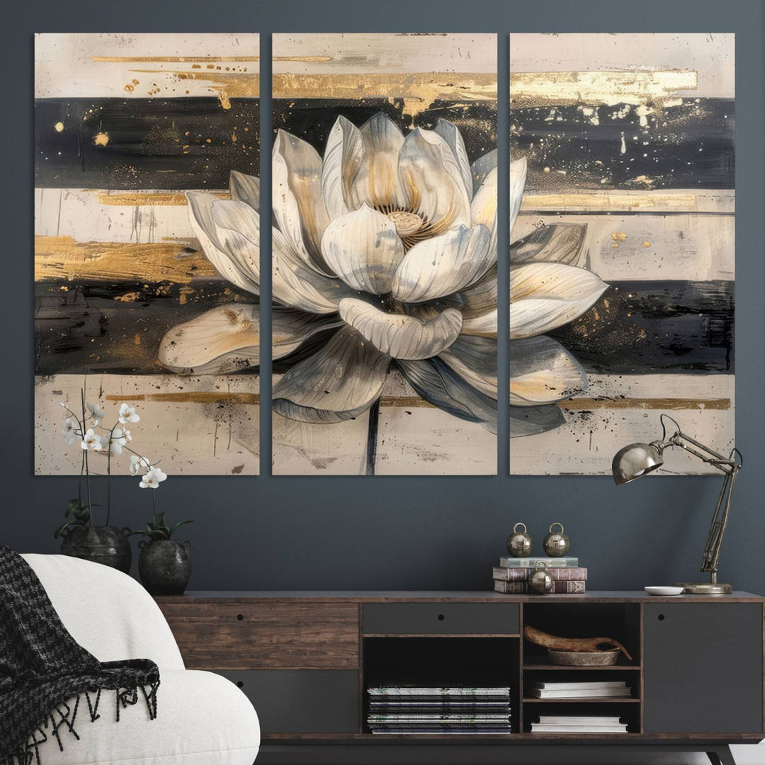 The wall is adorned with an Abstract Lotus Flower Wall Art Canvas Print.