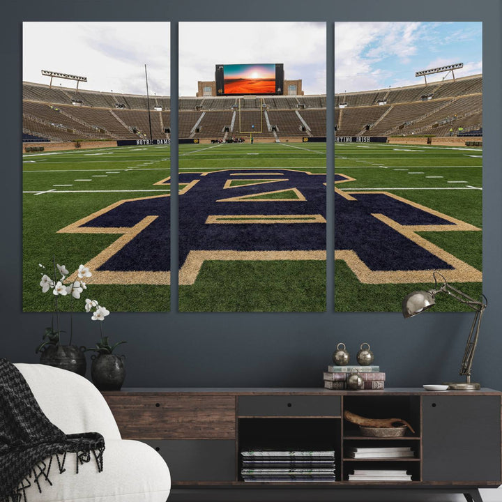 Notre Dame Stadium Triptych: This ready-to-hang giclee canvas print features a vibrant depiction of the football field adorned with an A logo and a stunning sunset.