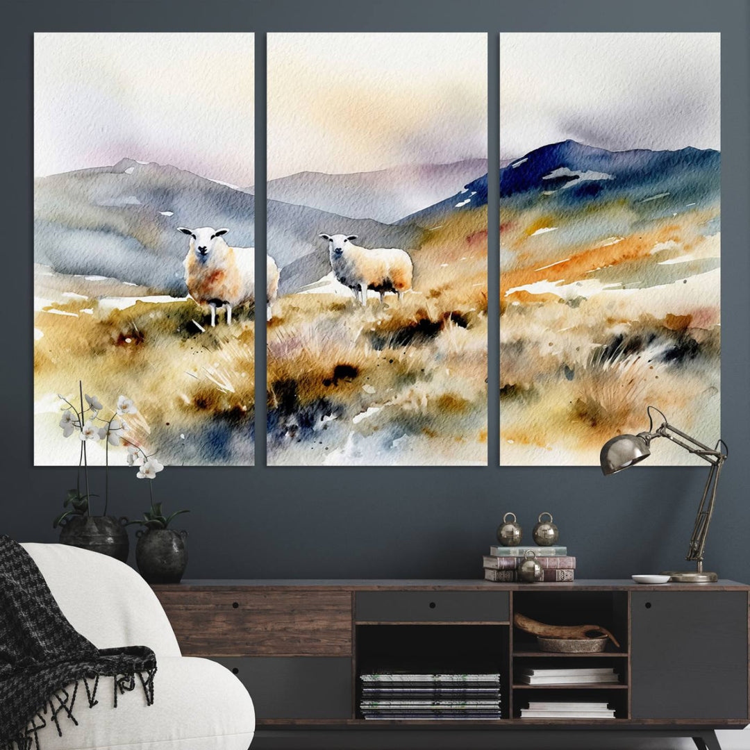 The farmhouse kitchen features a Mountain Wall Art Canvas Print of Sheep in a Hilly Landscape.