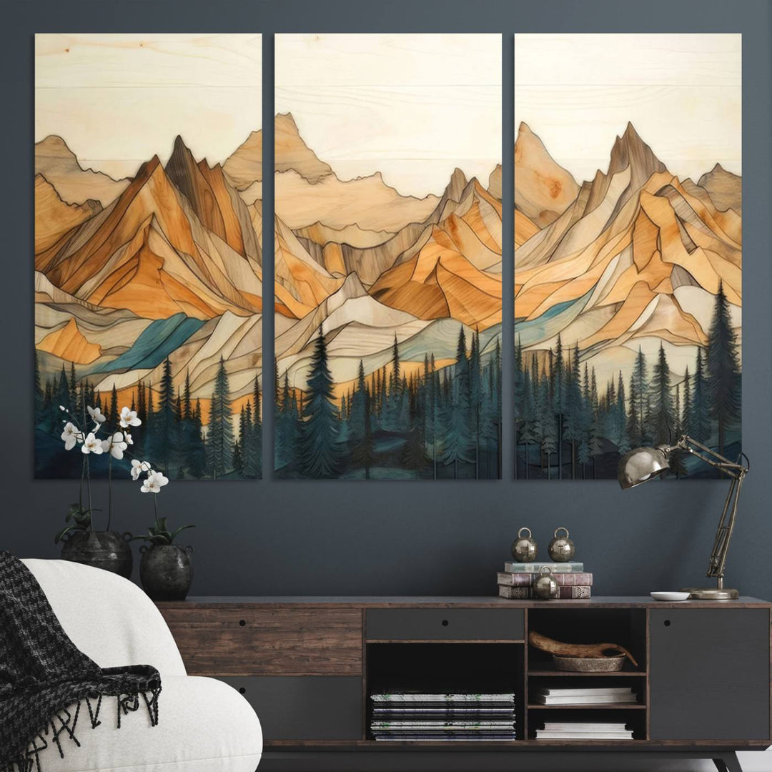 A triptych giclee print of mountains decorates the wall above the counter.