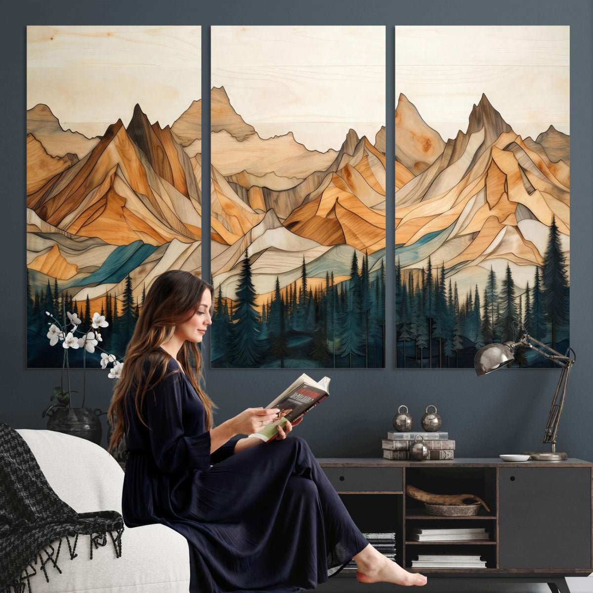31576-PAN-FL-20X10 - Rustic Wood Mountain Wall Art Print | Triptych Giclee Print Featuring Handcrafted Forest and