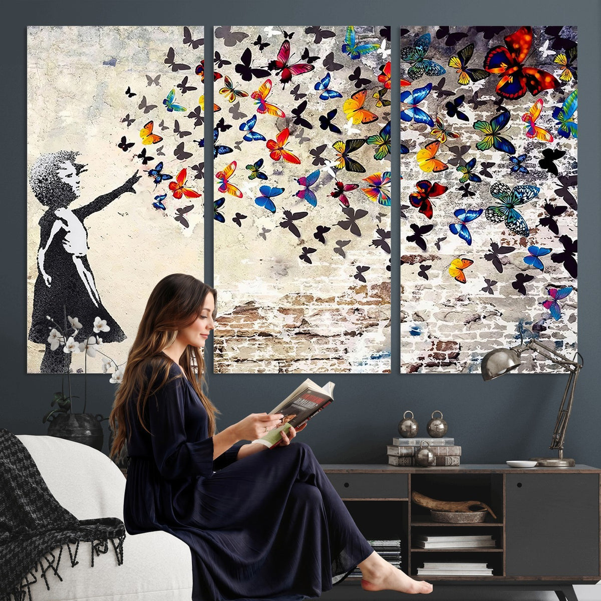 97895-MGV-CV-24X16 - Banksy Graffiti Wall Art Canvas Print, Girl Releasing Vibrant Butterflies