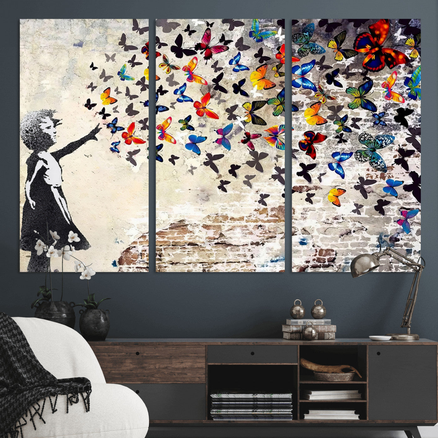 MGV-CV-48X32-3P - Banksy Graffiti Wall Art Canvas Print: Girl Releasing Vibrant Butterflies – Ready to Hang