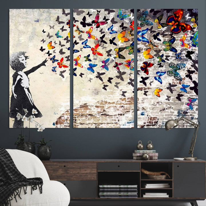 Banksy Canvas: Girl Releasing Vibrant Butterflies, Ready to Hang.