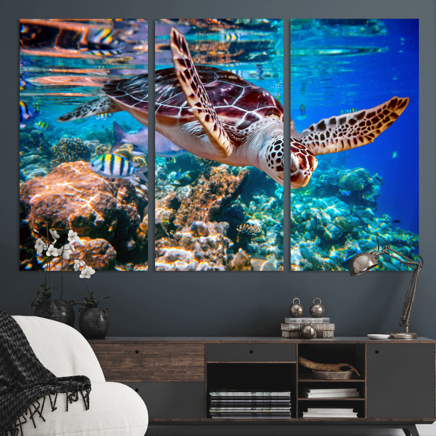 MGV-CV-48X32-3P - Underwater Coral Reef Sea Turtle Wall Art Canvas Print, Vibrant Marine Life | Colorful Ocean Scene