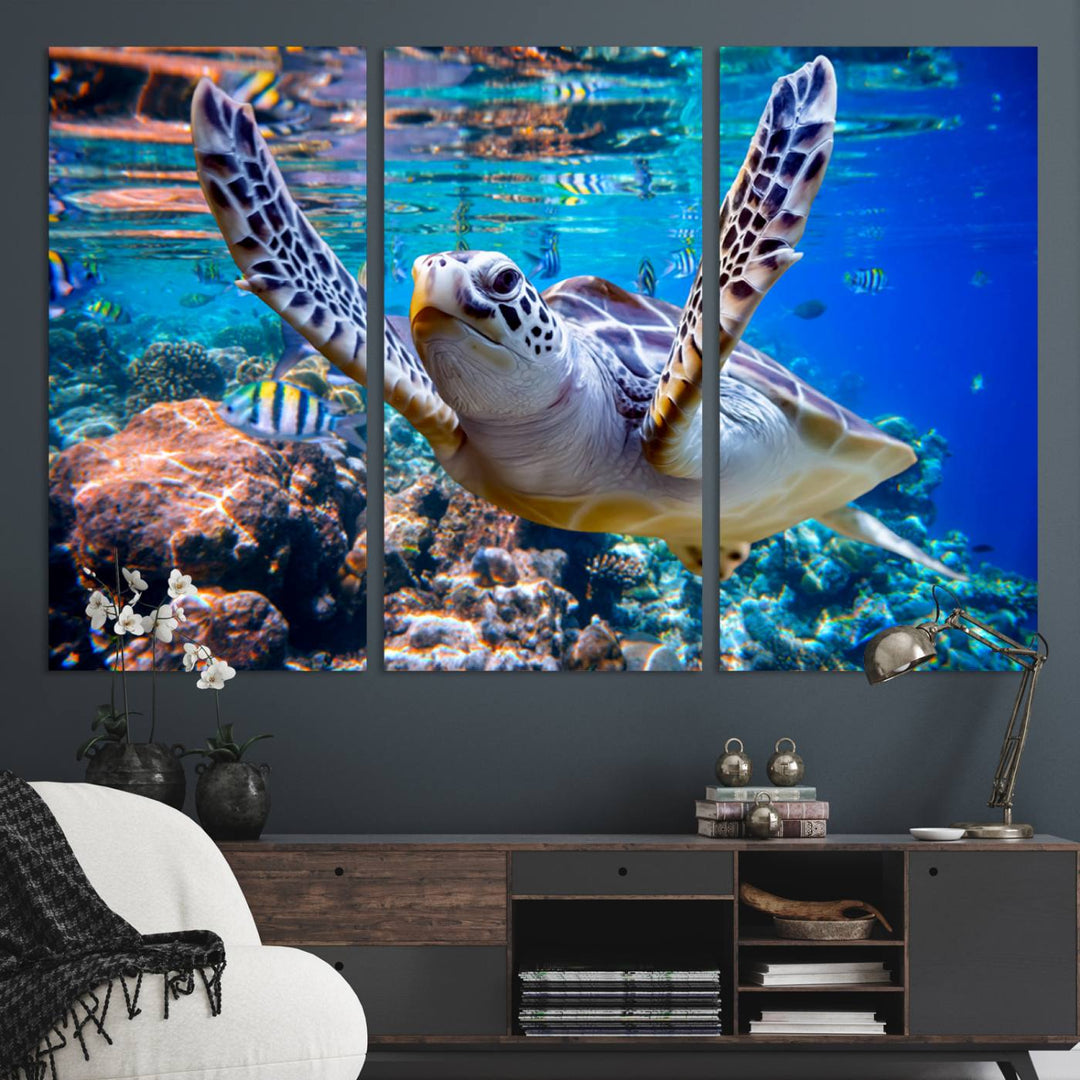 The Underwater Sea Turtle Wall Art Canvas Print serves as vibrant ocean décor, enhancing the kitchen with its stunning depiction.