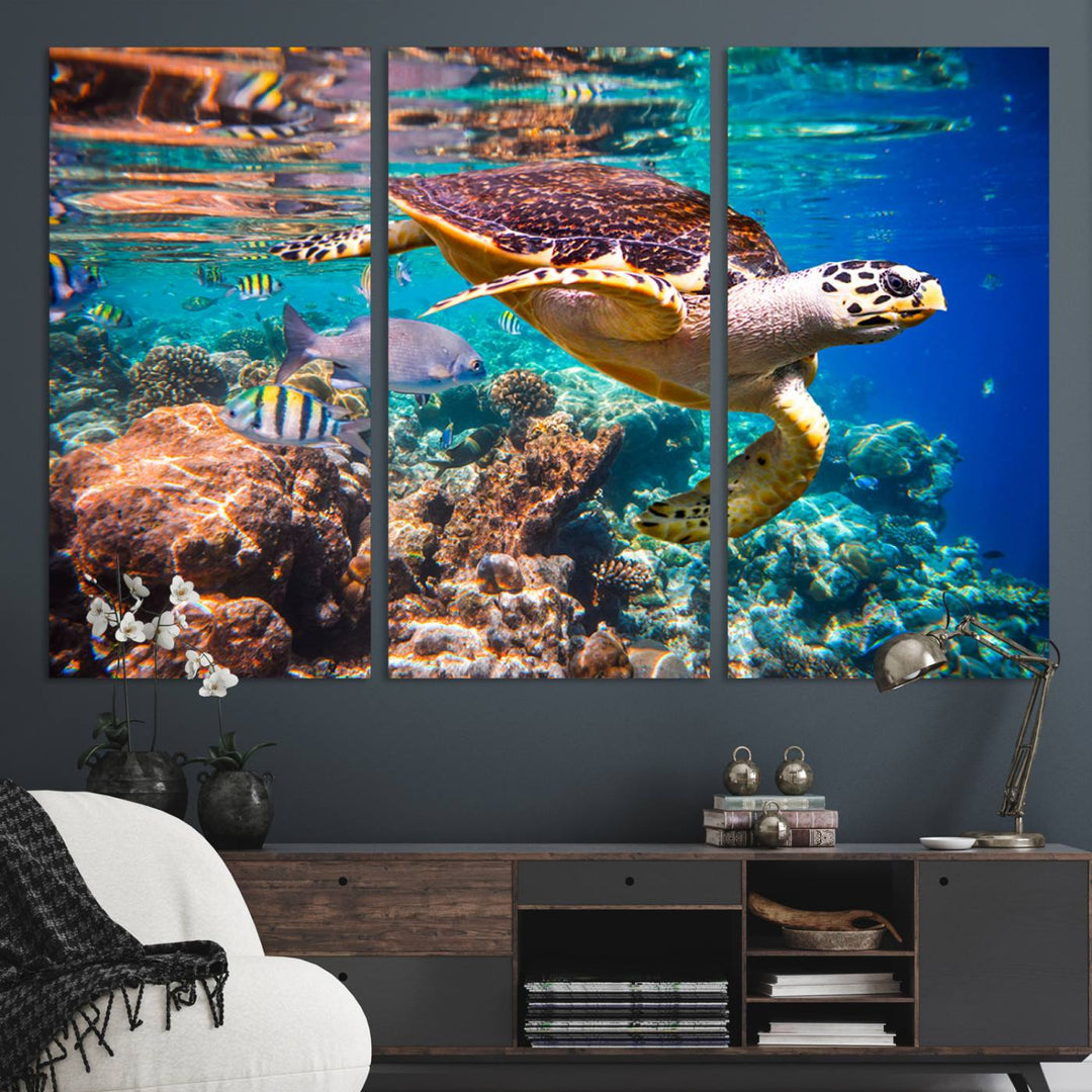 A Sea Turtle Wall Art Canvas Print features a colorful turtle swimming among coral. This artwork is ready to hang.