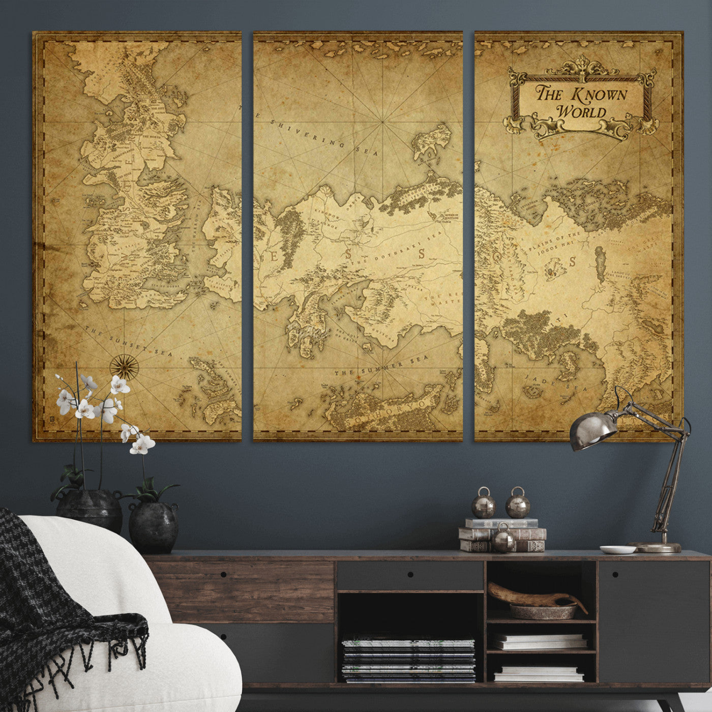 MGV-CV-48X32-3P - Vintage Game of Thrones Map Wall Art | Westeros and Essos Antique Style Print | The Known World in Triptych Canvas | Giclee Canvas for Fantasy Lovers