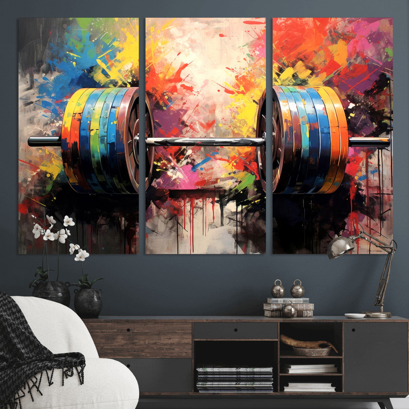 MGV-CV-48X32-3P - Weightlifting Barbell Art Triptych, Bold Abstract Fitness Wall Decor for Gym or Home, Giclee Canvas Print