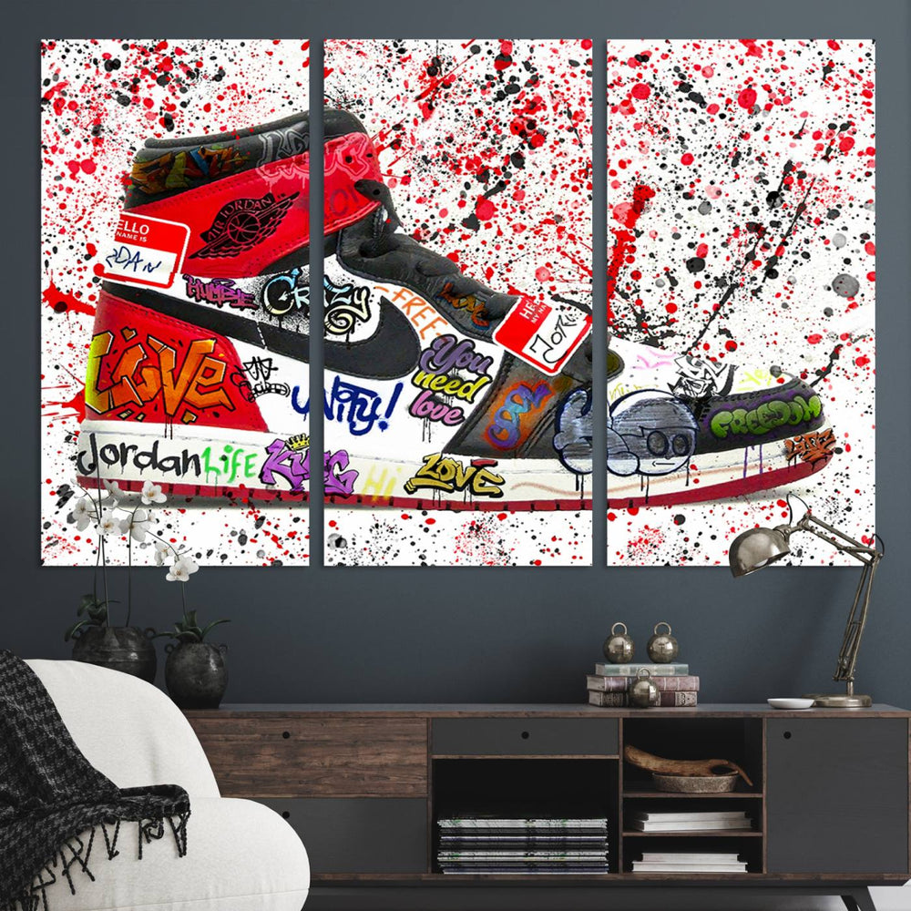 A Jordan Shoes Graffiti Canvas Print hangs prominently, perfect for sneakerheads and urban art lovers.