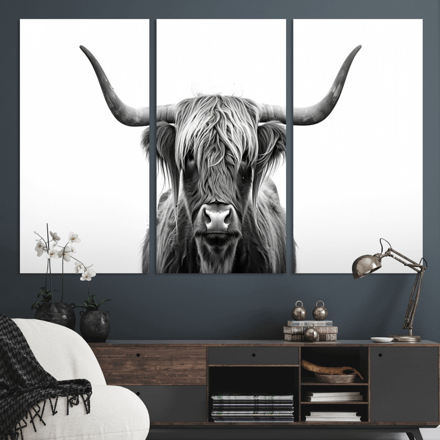 MGV-CV-48X32-3P - Highland Wall Art Canvas Print – Minimalist Black and White Farmhouse Décor, Ready to Hang