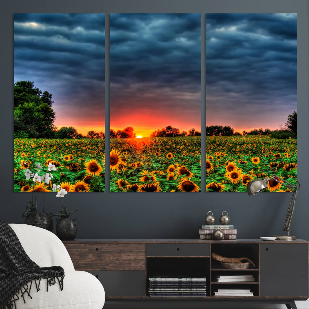 A Golden Sunflower Field at Sunset ready-to-hang wall art canvas print.