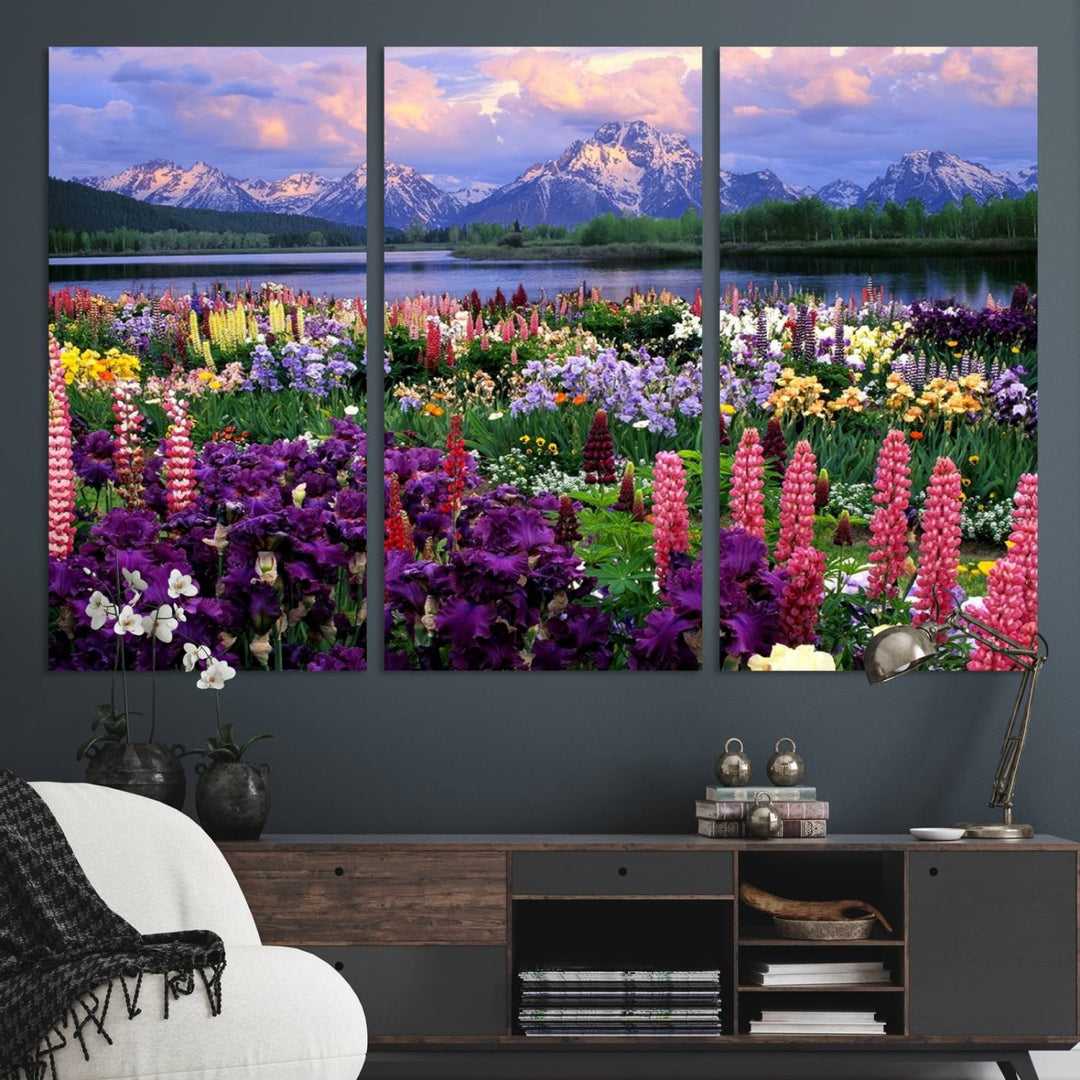 A Vibrant Wildflower Garden and Mountain View Giclee Print is displayed prominently on the wall.