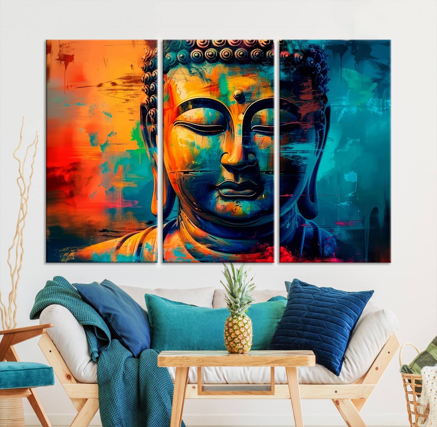 A vibrant, abstract artistic rendition of a Buddha statue face, blending bold and contrasting colors to evoke a sense of peace, spirituality, and enlightenment.