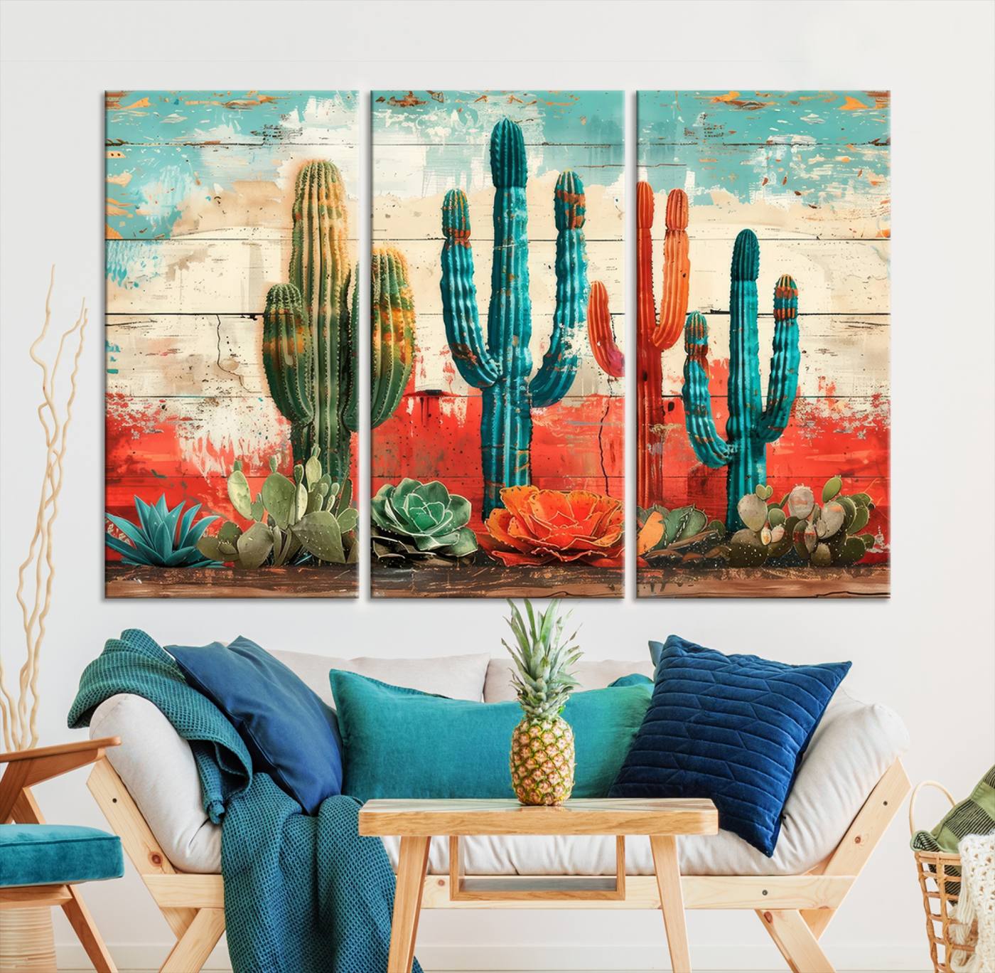 A vivid southwestern-style artwork featuring an eclectic mix of cacti and succulents painted against a textured, rustic wood backdrop in rich turquoise, red, and orange hues.