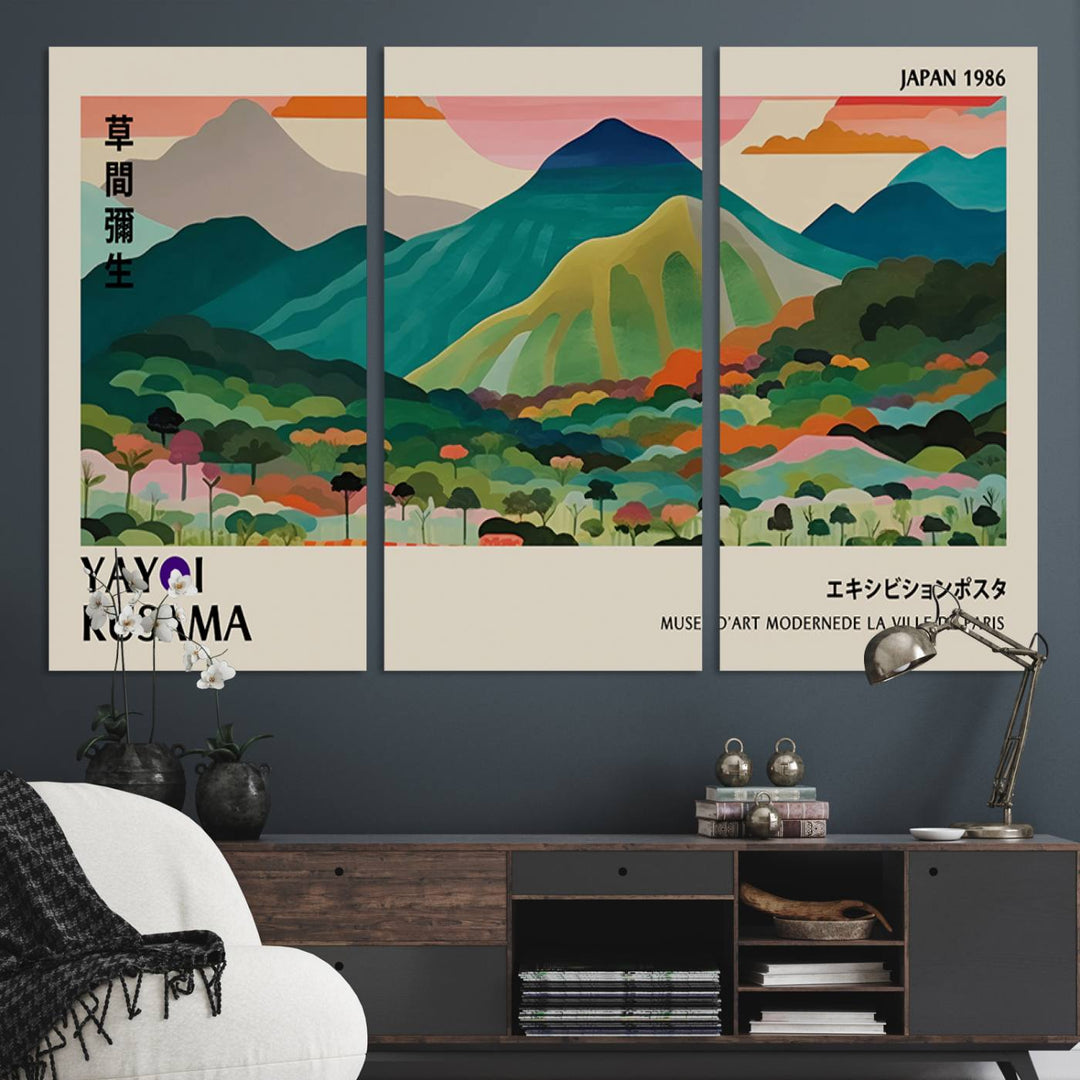 Vibrant Kusama landscape canvas featuring floral mountains and botanical decor, ideal for a modern home.