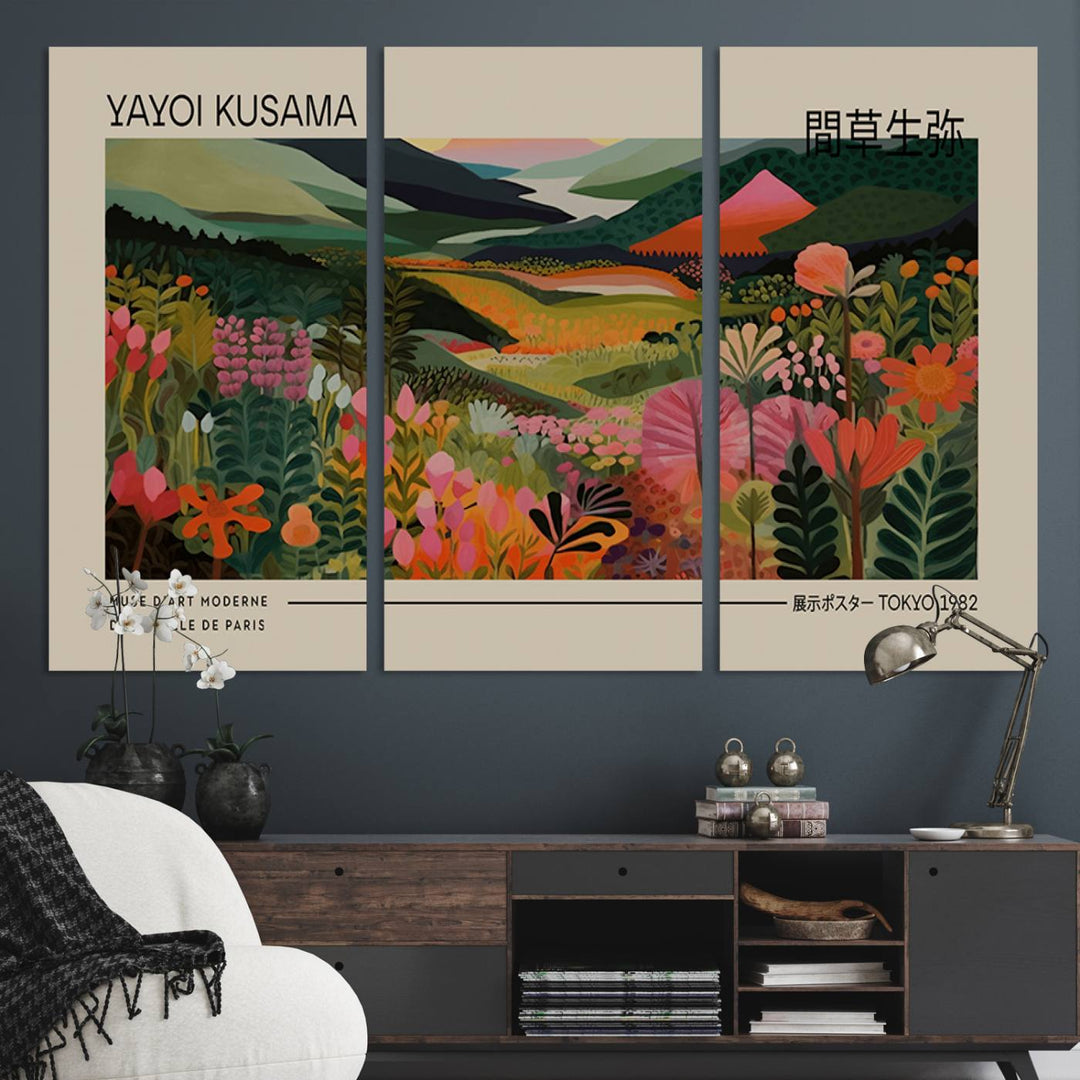 A Yayoi Kusama Landscape Canvas Print brightens the wall with vibrant floral and mountain art.