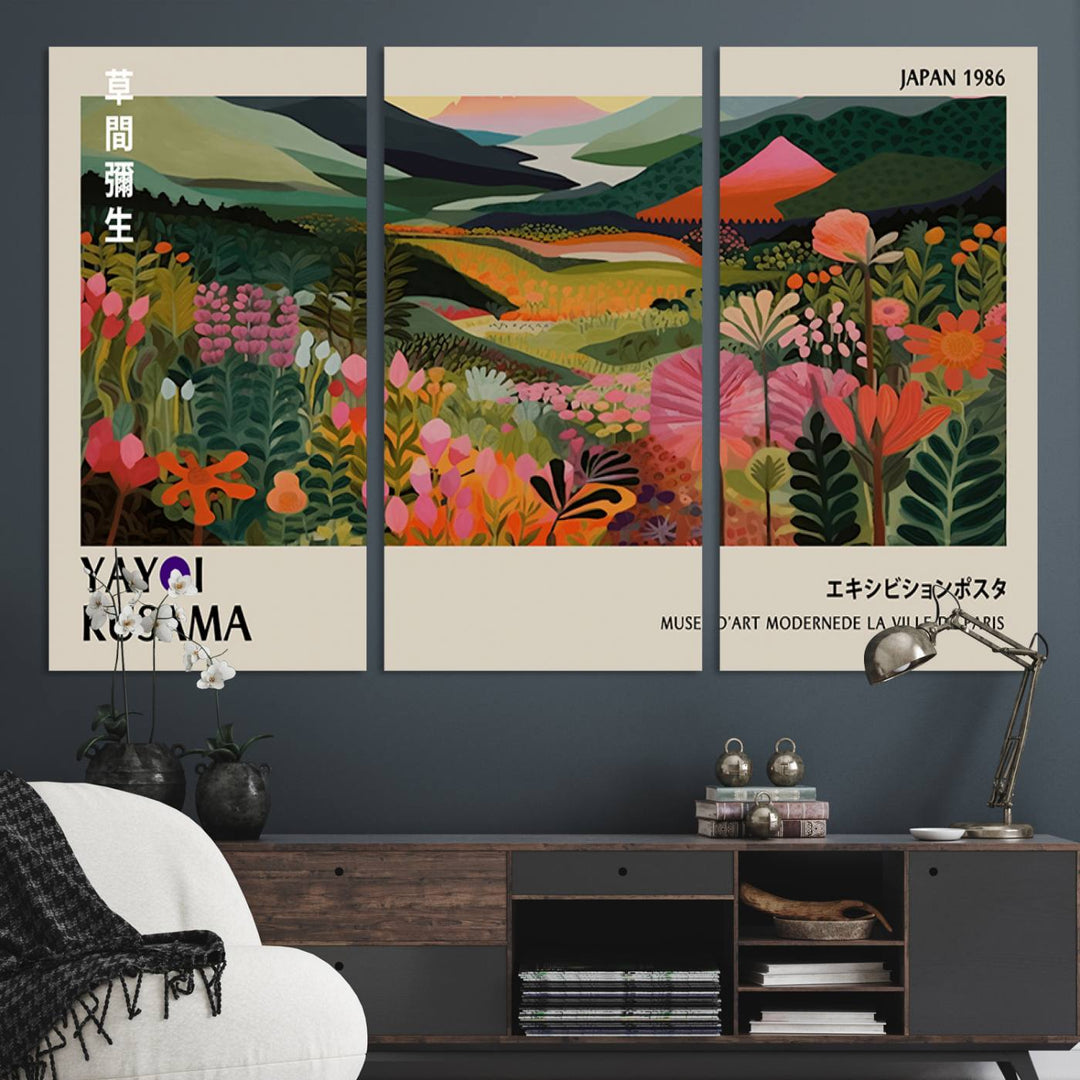 Yayoi Kusamas Landscape Canvas Print with vibrant floral mountain art adorns the wall.