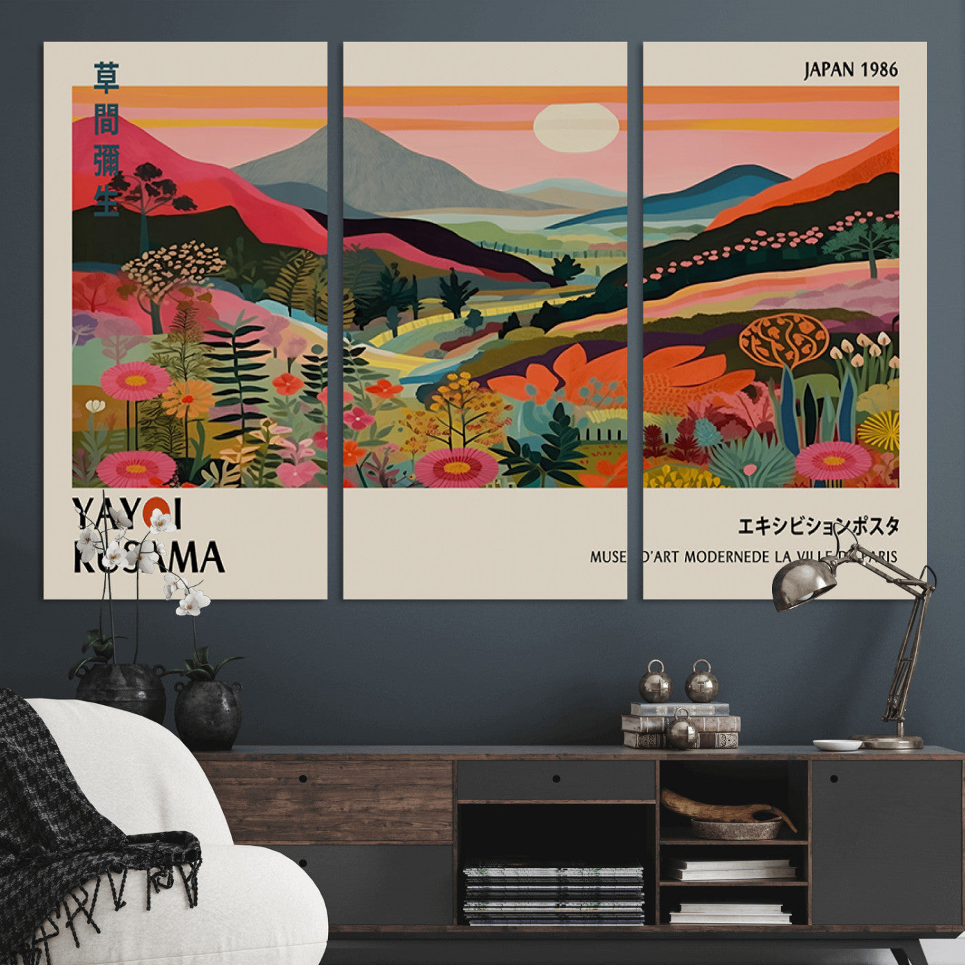 MGV-CV-48X32-3P - Yayoi Kusama Landscape Canvas Print, Vibrant Floral Mountain Art Print, Botanical Flower Nature