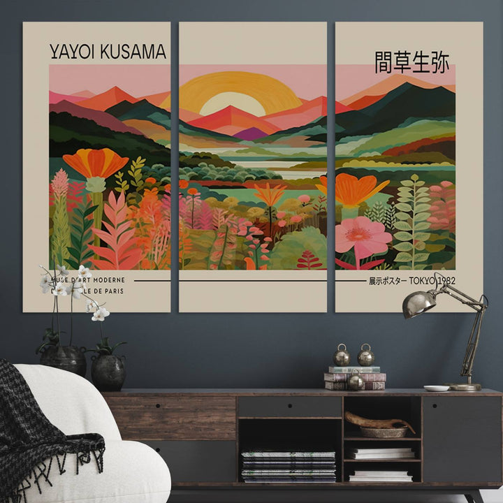 A Yayoi Kusama landscape print and an antique world map enhance the dining area.