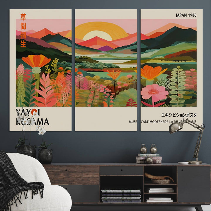 The Yayoi Kusama Landscape Canvas Print, featuring vibrant floral mountains and sunset scenery, enhances the room.