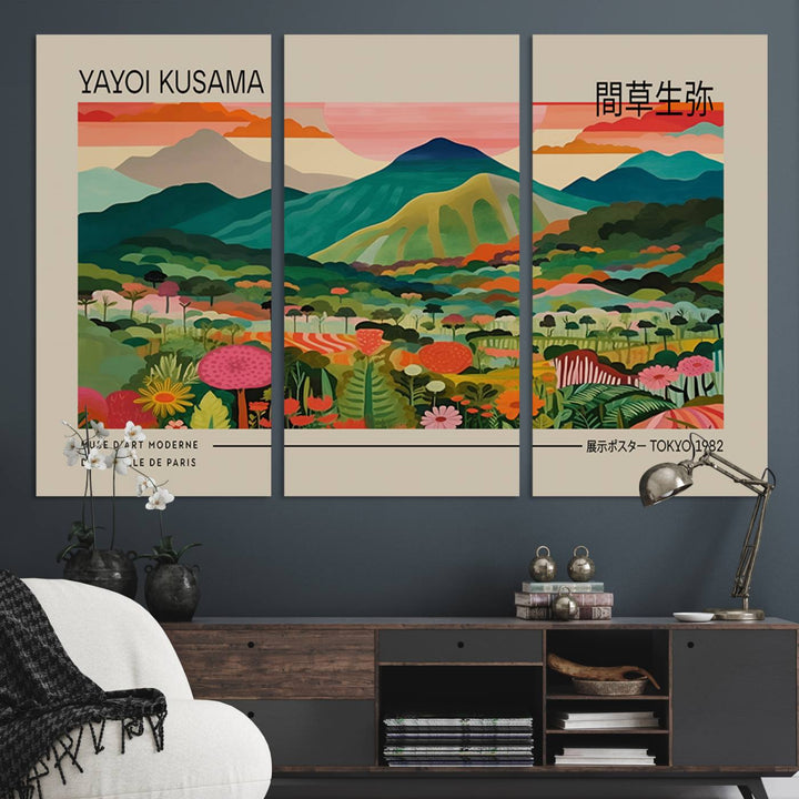 A vibrant floral mountain canvas print by Yayoi Kusama adorns the wall.