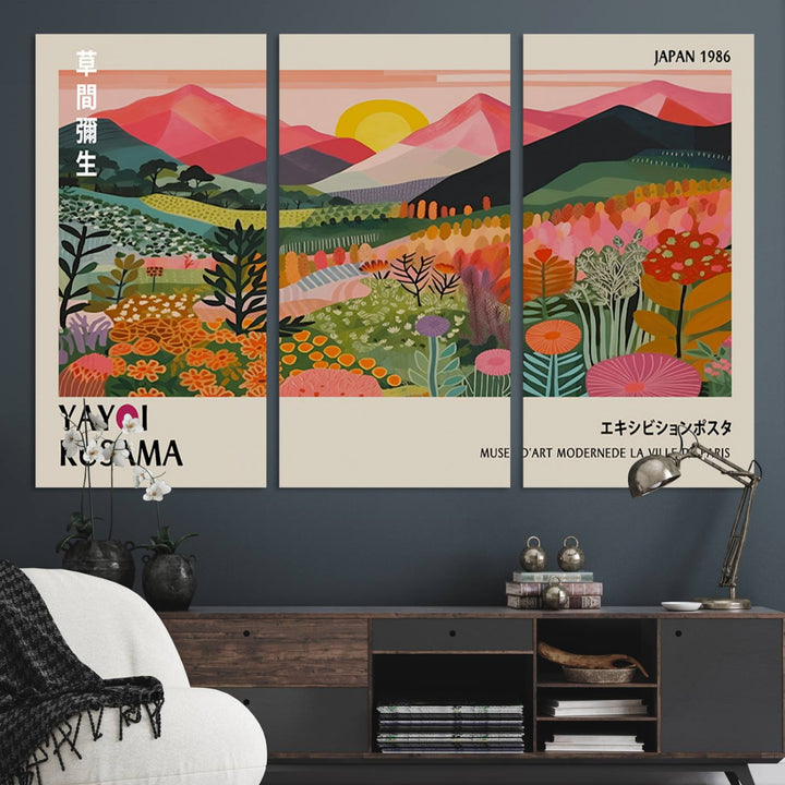 The wall art includes a vintage world map and Yayoi Kusamas colorful landscape.