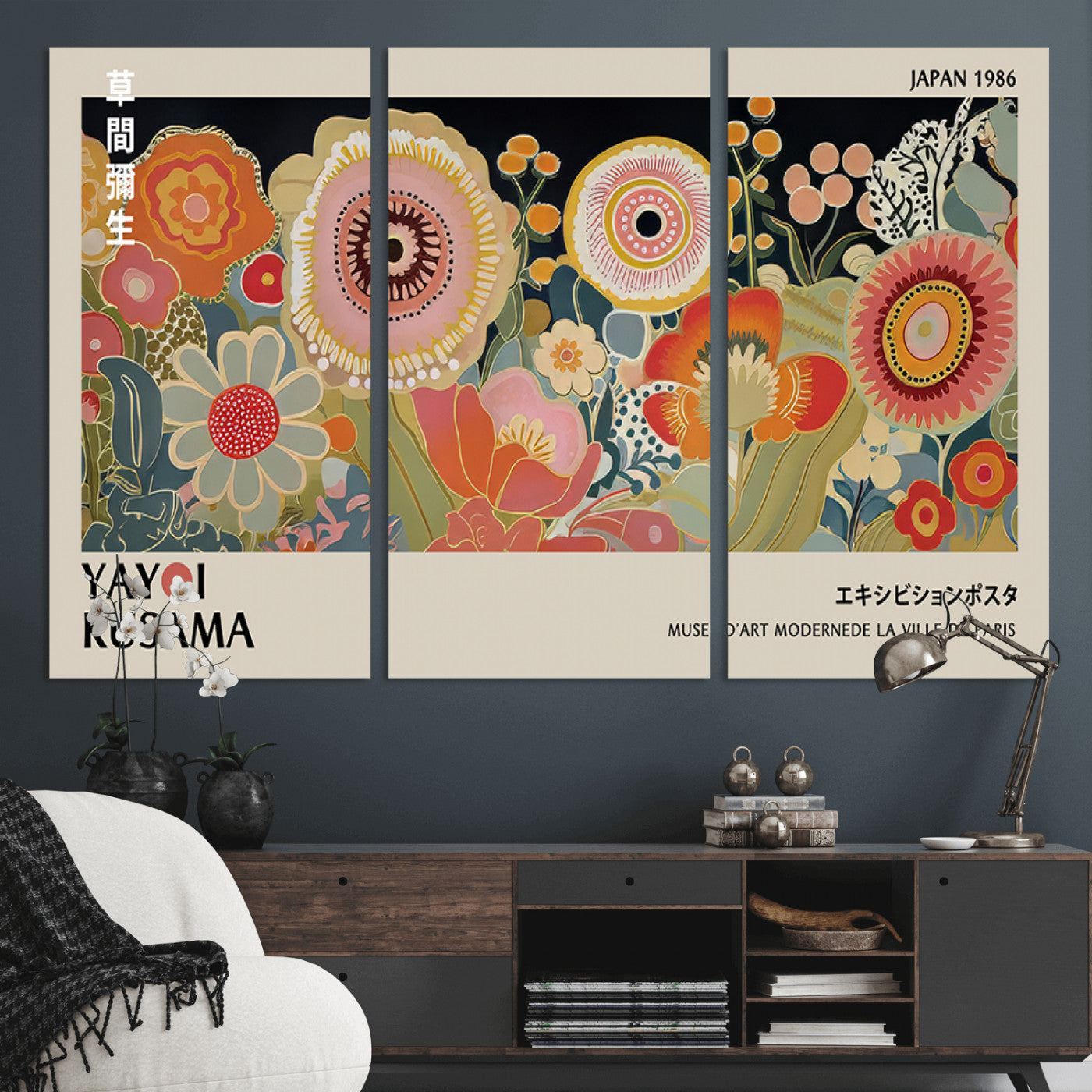 MGV-CV-48X32-3P - Yayoi Kusama Landscape Canvas Print, Vibrant Floral Mountain Art Print, Botanical Flower Nature Decor, Sunset Scenery Artwork