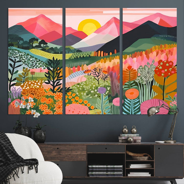 Vibrant abstract landscape canvas: Yayoi Kusama 1986 wall art print featuring mountains, sun, and flowers. Ready-to-hang.