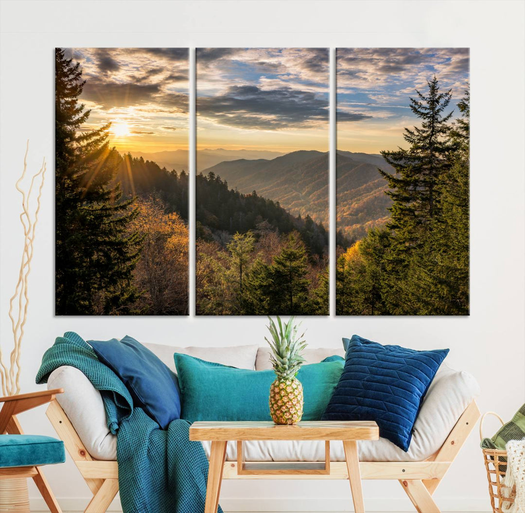 The dining area is beautifully decorated with the Sunrise Over the Smoky Mountains Canvas Wall Art – a breathtaking scenic landscape photography in a stunning triptych that's ready to hang.