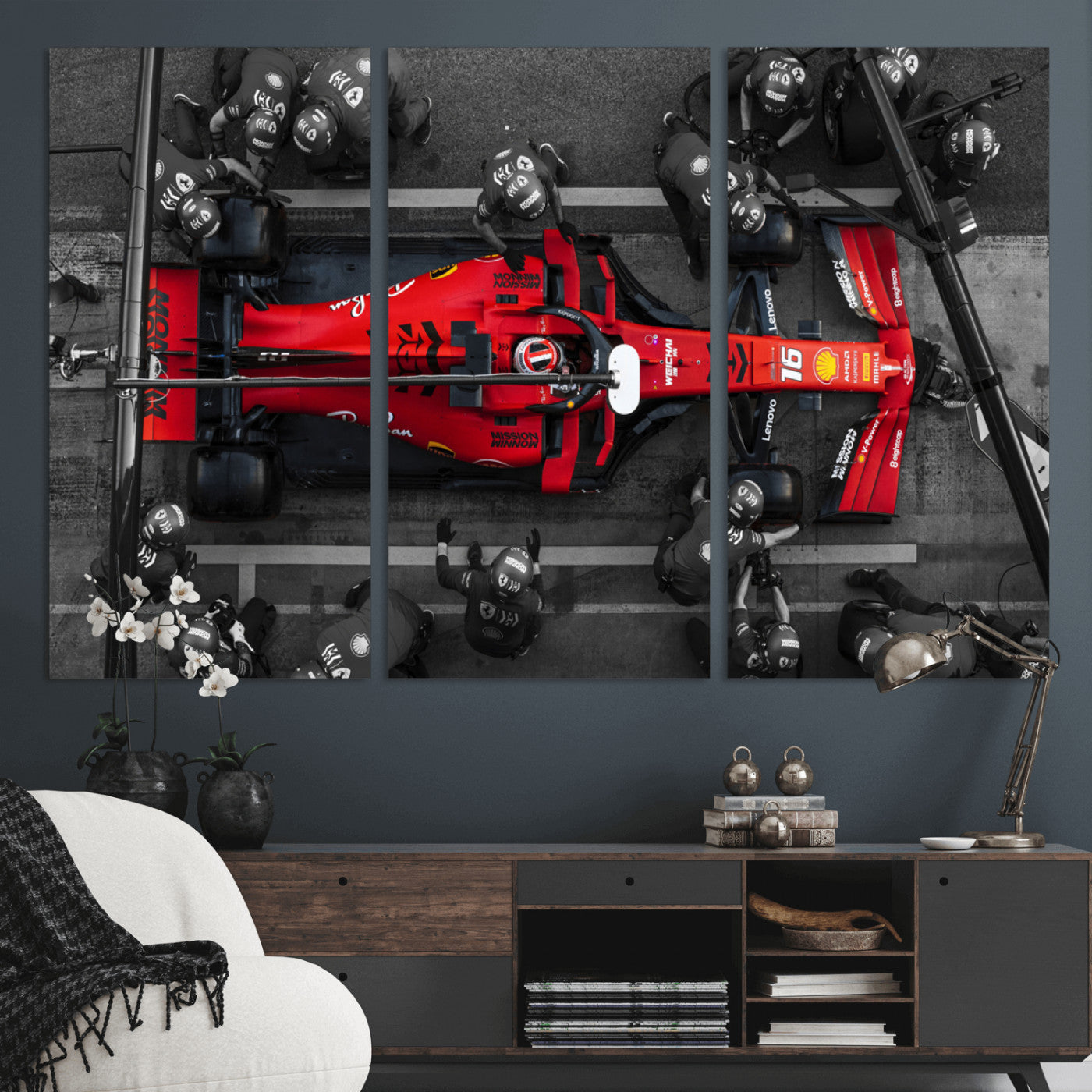 MGV-CV-48X32-3P - Ferrari Pit Stop Canvas Wall Art – Precision and Speed Captured in Bold Motorsport Imagery – Ready