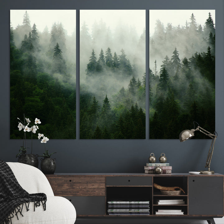 Misty Forest Wall Art Canvas Print - Foggy Forest Landscape Canvas Wall Art – Serene Triptych Nature Print – Woodland Landscape Decor