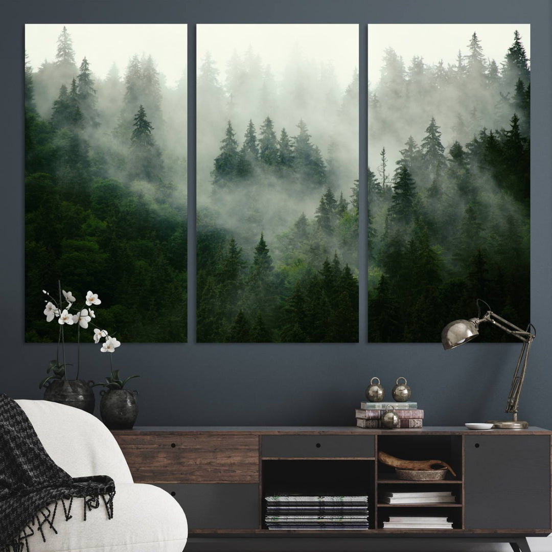 The Misty Forest Wall Art Canvas Print captures a serene, foggy evergreen landscape, evoking a mysterious woodland ambiance.