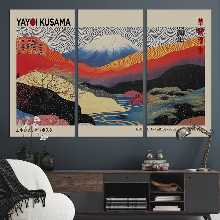 The framed Yayoi Kusama 1986 print showcases a vibrant abstract landscape with Wabi Sabi-inspired patterns.