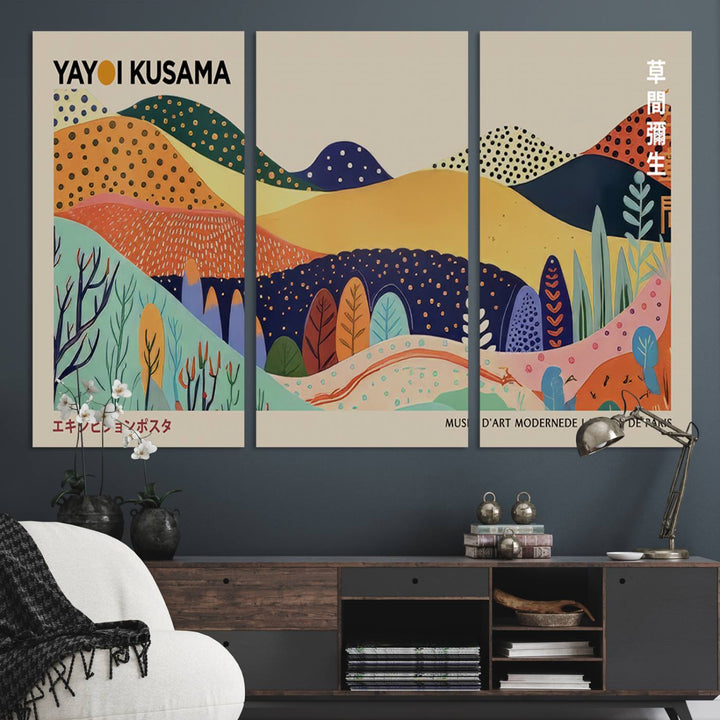 A vibrant Yayoi Kusama abstract print adorns the space.