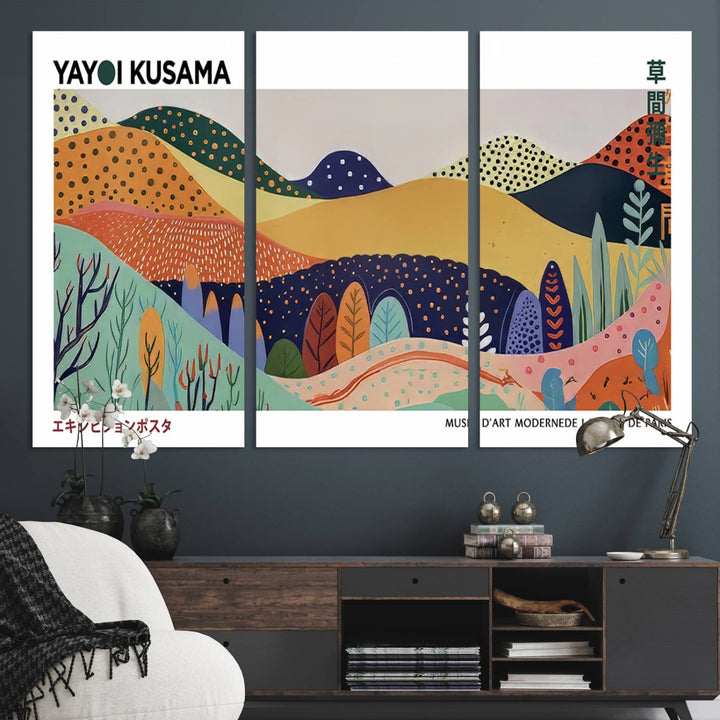 A Yayoi Kusama abstract landscape print adorns the wall.