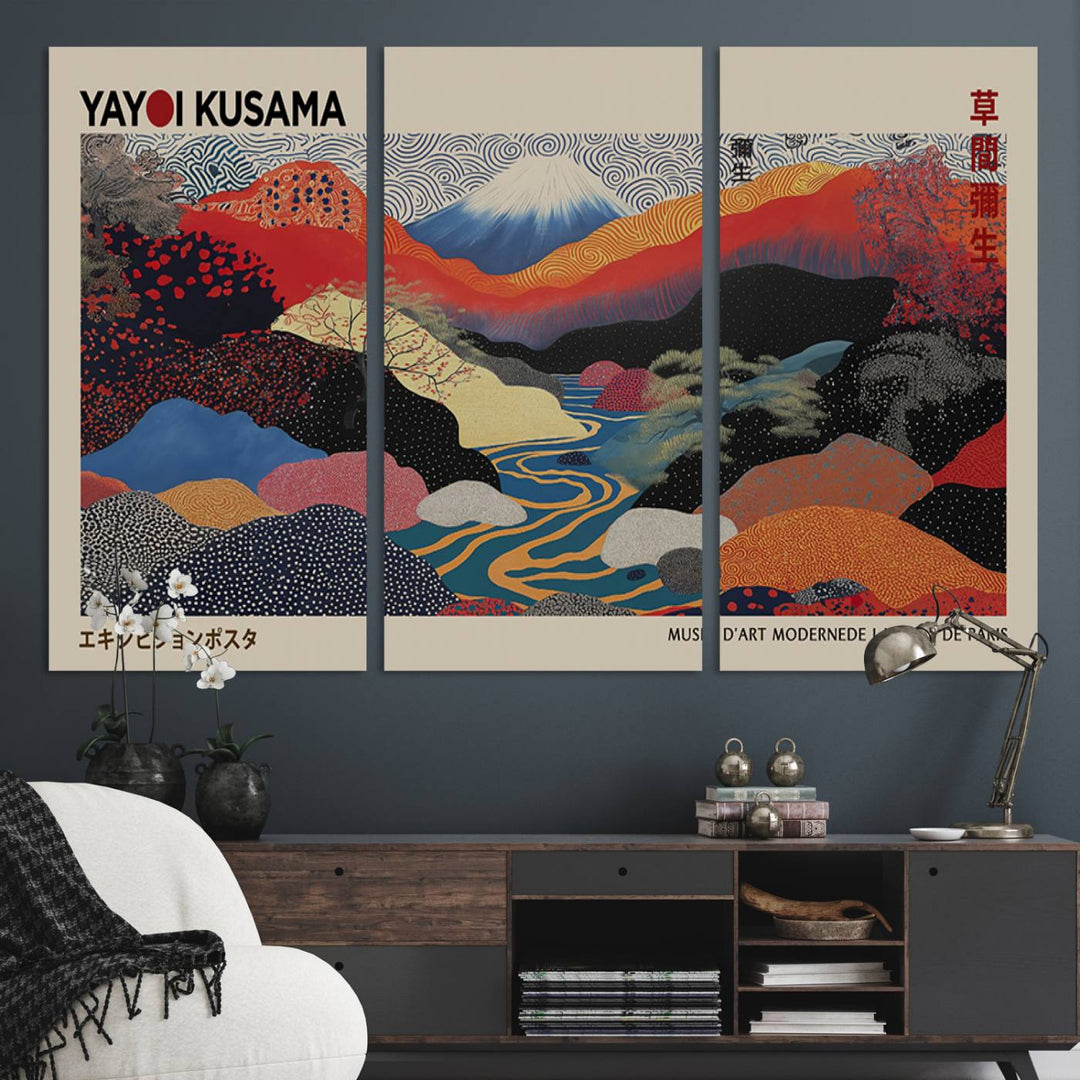 The room showcases Kusamas 1986 vibrant abstract landscape wall art print.