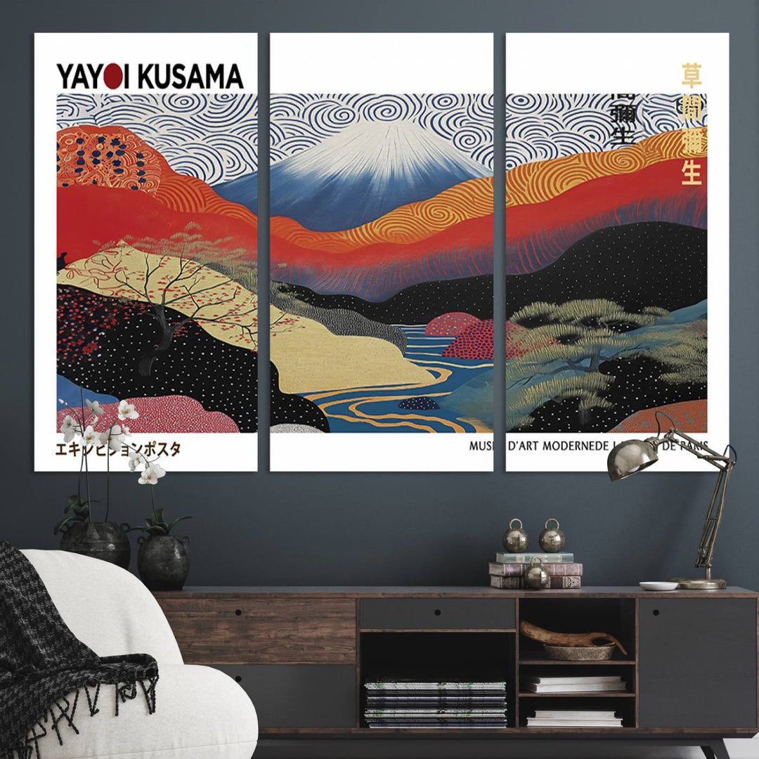 A vibrant abstract landscape canvas framed Yayoi Kusama wall art print features swirling patterns.