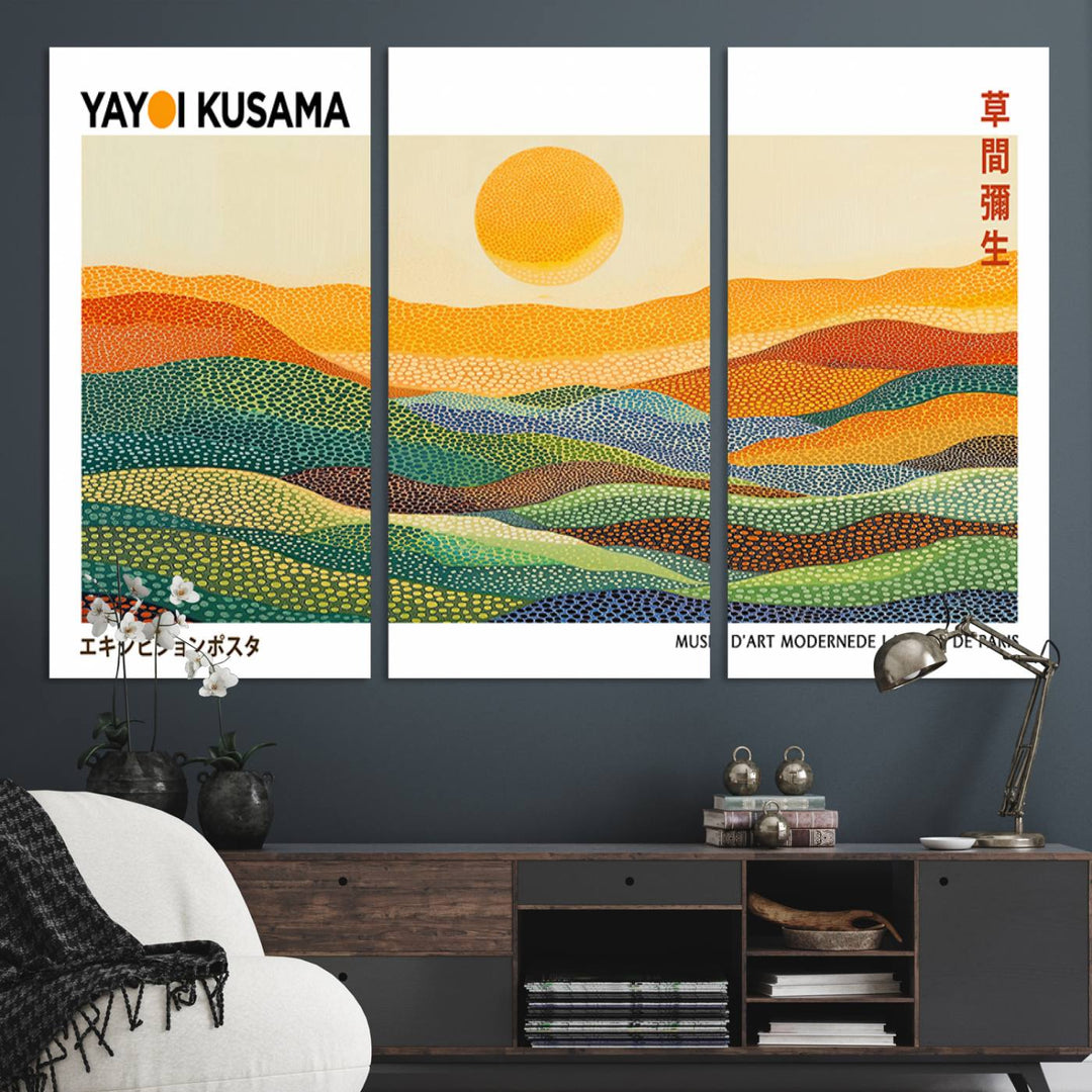 Framed Yayoi Kusama 1986 Wall Art: A vibrant abstract landscape featuring Wabi Sabi hills and a sun, created by the Japanese artist.