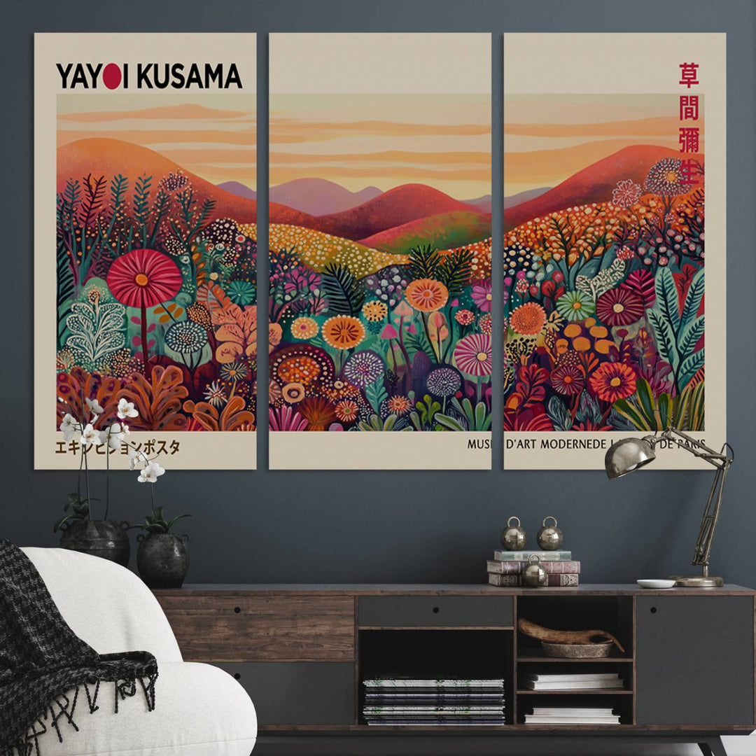 A framed Yayoi Kusama abstract landscape art print adorns the wall.